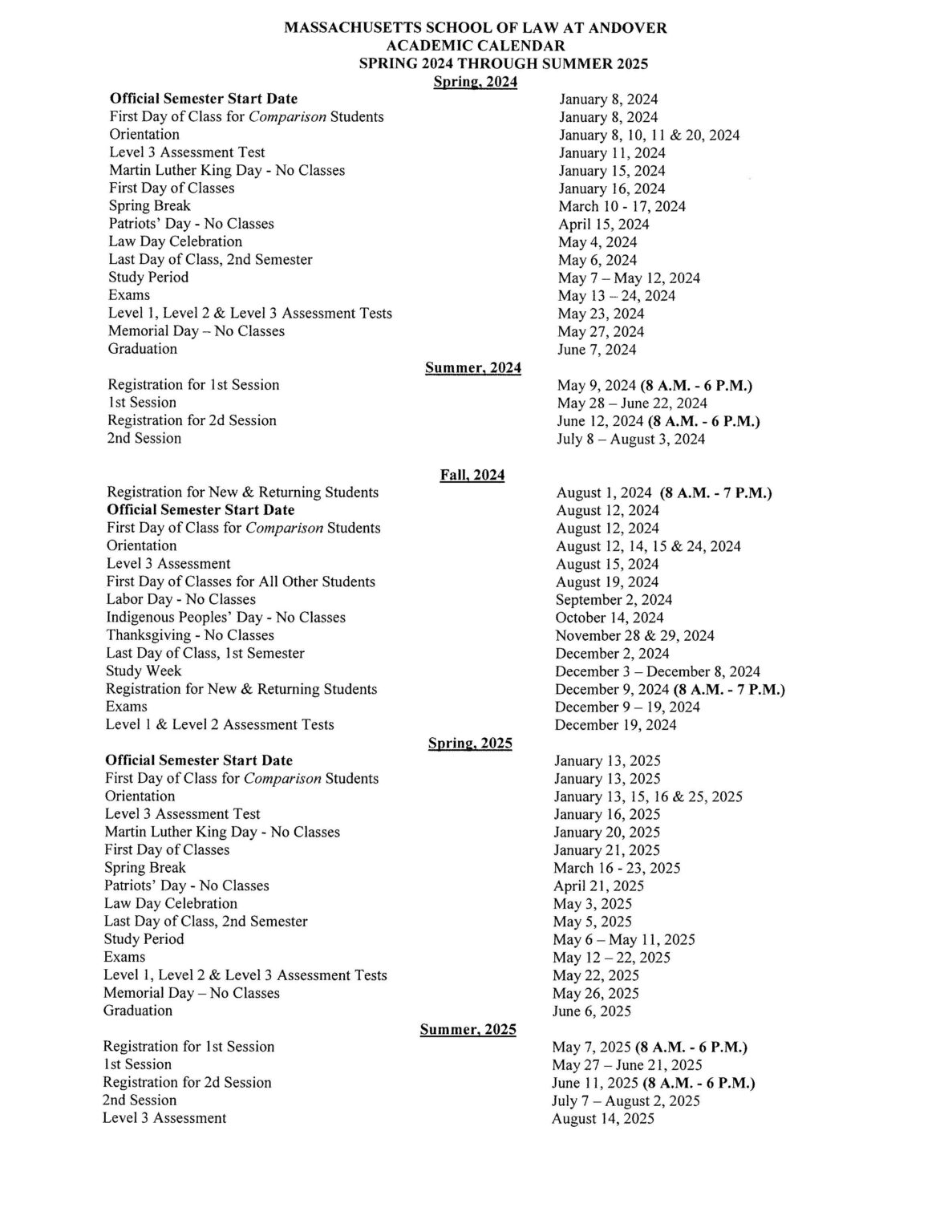 Academic Calendar Massachusetts School of Law